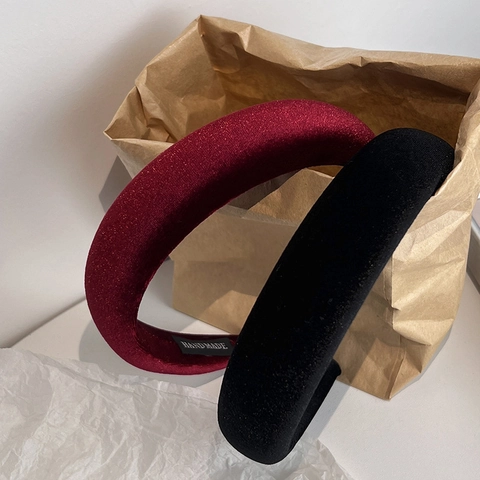 Diadema Acolchada de Terciopelo Vintage Francés para Mujer Banda de Pelo de Esponja Elegante Negro Rojo Vino Accesorios Pelo