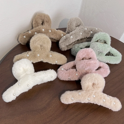 Pinza per Capelli in Peluche Francese Dolce Con Perla Artificiale Grande Fermaglio a Squalo Autunno Inverno Accessori per Capelli Donna