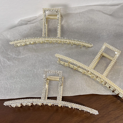 Grande Fermaglio per Capelli in Lega in Stile Coreano per Donna Elegante Pinza a Squalo con Perle Artificiali e Strass Oro