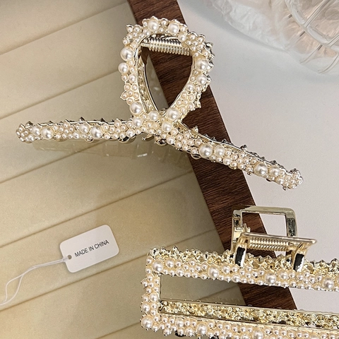 Elegante Pinza per Capelli in Lega Dorata con Künstliche Perle Grande Forma Geometrica a Croce e Rettangolo per Acconciature Donna