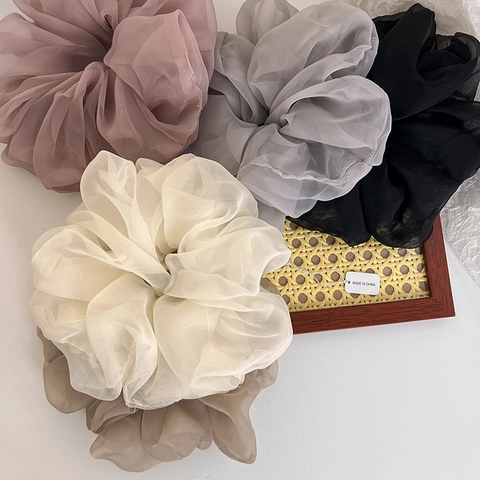 Estilo Francés Sobredimensionado Organza Malla Coletero Plisado Color Sólido Suave Goma de Pelo Elegante para Mujeres