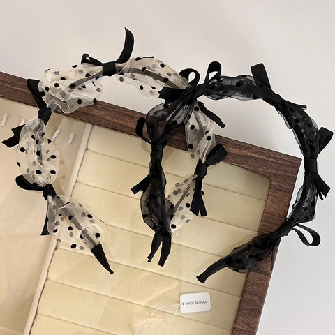 Vintage Polka Dot Mesh Bowknot Headband For Women Retro Mesh Tulle Hair Band Korean Style Elegant Hair Accessories