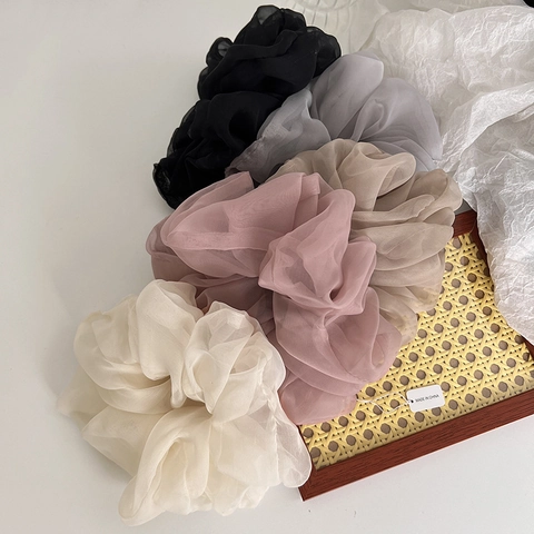 Estilo Francés Sobredimensionado Organza Malla Coletero Plisado Color Sólido Suave Goma de Pelo Elegante para Mujeres