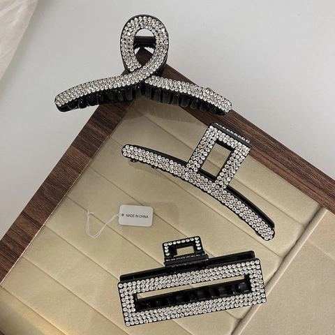 Pinza para el Cabello de Strass Negro Vintage Francés Elegante Pinza de Tiburón Geométrica Grande Accesorios Cristal