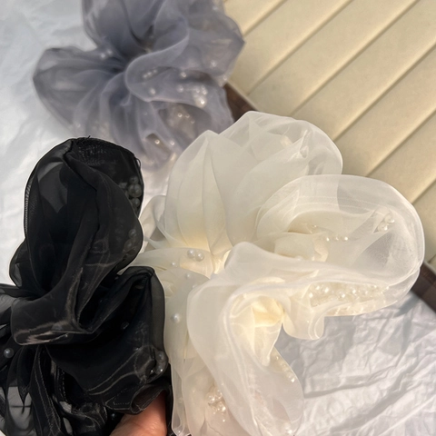 Elegante Scrunchie in Organza Con Künstliche Perle Stile Francese Mesh Elastici per Capelli Etereo Accessori per Capelli per Donna Festa