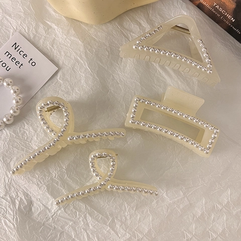 Grande Pinza per Capelli in Resina Con Perle Artificiali e Strass Clip Squalo Francese Elegante Accessori Capelli Donna
