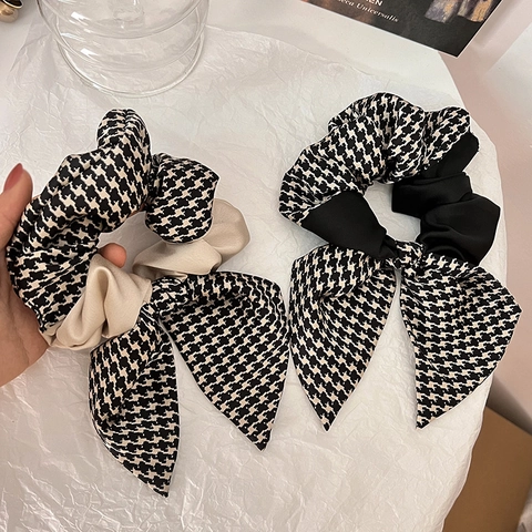 Scrunchie con Fiocco a Nastro Vintage Francese in Tessuto Satinato Elegante Pied de Poule Pois Floreale Accessori per Capelli Donna