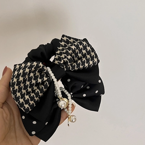 Elastico Capelli Fiocco Retrò Francese Con Pendente Catena Künstliche Perle Sintetiche Pied De Poule Pois Raso Gioielli Donna