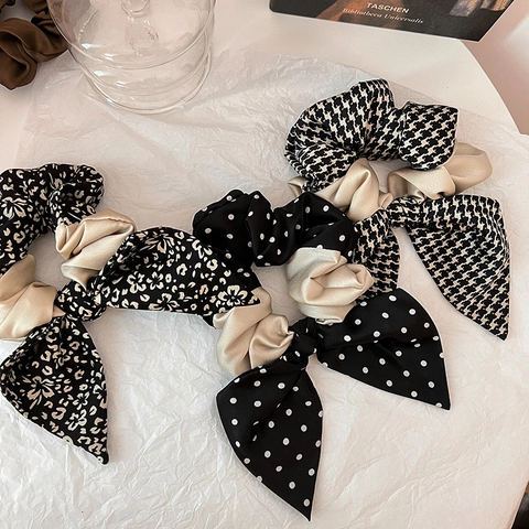 Scrunchie con Fiocco a Nastro Vintage Francese in Tessuto Satinato Elegante Pied de Poule Pois Floreale Accessori per Capelli Donna