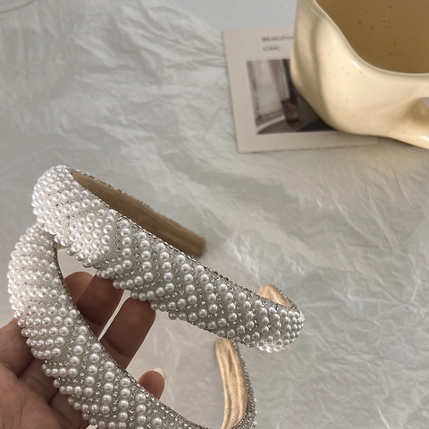 Elegante Cerchietto Imbottito Con Perle Artificiali E Strass Stile Francese High Top Fascia Per Capelli In Spugna Copricapo Di Moda Per Donna