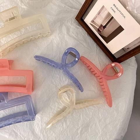 Pinza para el Pelo Grande para Cabello Grueso Elegante Color Gelatina Traslúcido Diseño Rectangular Cruzado Joyería Mujer