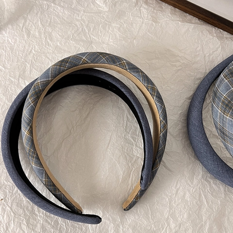 Vintage Padded Gingham Plaid Headband For Women Denim Blue High Top Fabric Hair Band Fashion Hair Accessories