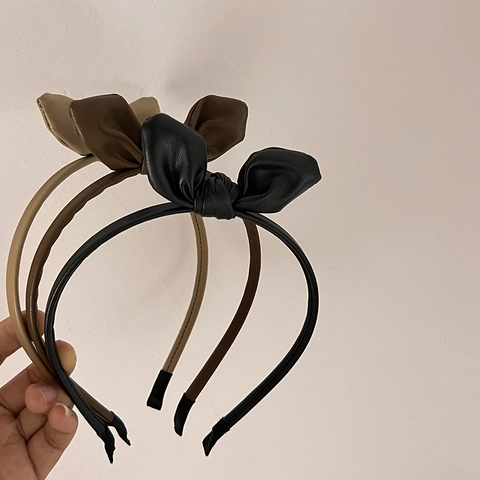 French Style PU Leather Bow Headband For Women Retro Solid Color Hair Hoop Fashion Handmade Hair Accessories For Daily