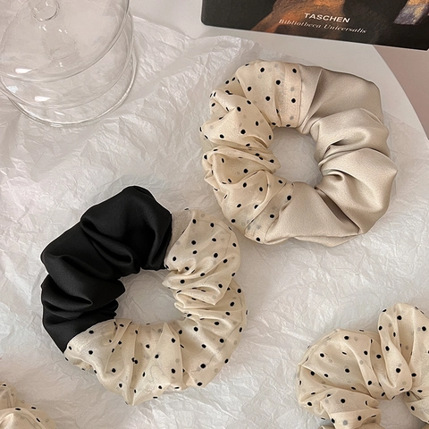 Chouchou Patchwork à Pois Rétro Français Élégant Texture Satinée Tissu Élastique Porte-Queue de Cheval pour Femme Accessoires de Cheveux de Mode