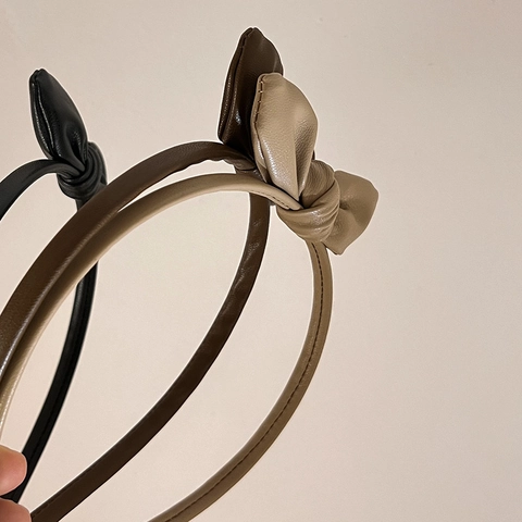 French Style PU Leather Bow Headband For Women Retro Solid Color Hair Hoop Fashion Handmade Hair Accessories For Daily