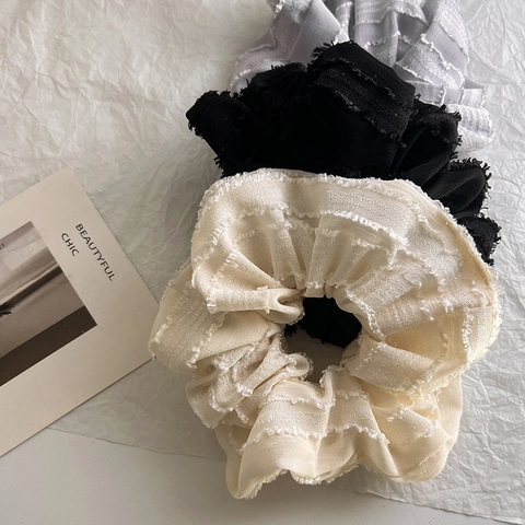 Γαλλικό Στυλ Ύφασμα Μεγάλο Scrunchie Με Ξεφτισμένες Άκρες Κομψό Λαστιχάκι Μαλλιών Με Ζαρωμένη Υφή Γυναικεία Αξεσουάρ