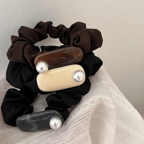 Franse Vintage Geplooide Stof Scrunchies Met Harsblok En Kunstparel Elastische Haarband Vrouwen Zachte Stijl Accessoire