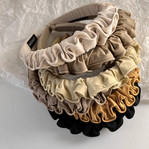 French Style Ruched Fabric Headband For Women Vintage Solid Color Wide Scrunchie Hairband Handmade Elegant Hair Accessories
