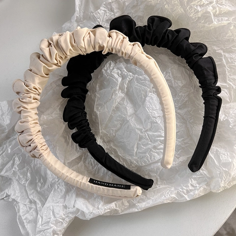 French Style Ruched Fabric Headband For Women Vintage Solid Color Wide Scrunchie Hairband Handmade Elegant Hair Accessories