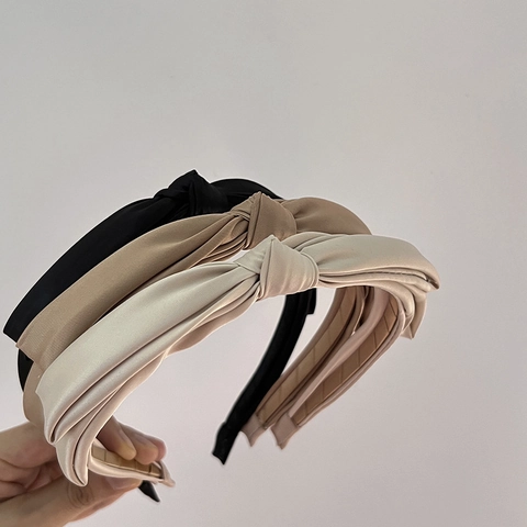French Style Solid Color Satin Knotted Headband For Women Elegant Fabric Bow Hairband Retro Temperament Daily Hair Accessories