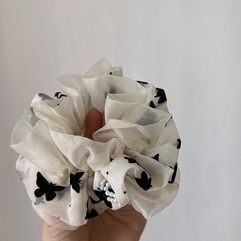 Scrunchie Grande in Organza Farfalla Vintage Francese per Donna Elegante Elastico per Capelli con Perle Artificiali