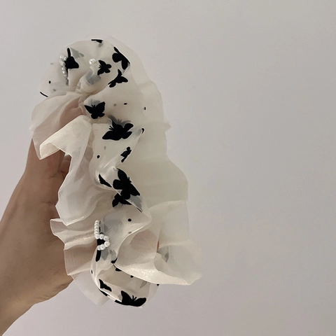Scrunchie Grande in Organza Farfalla Vintage Francese per Donna Elegante Elastico per Capelli con Perle Artificiali