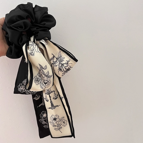 Elegante Elastico Per Capelli Con Nastro Per Donna Stile Francese Satin Raso Effetto Vintage Stampa Floreale Accessorio