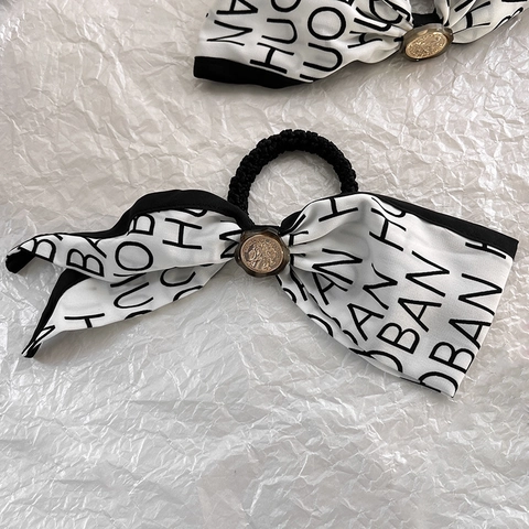 French Vintage Bow Scrunchie With Gold Metal Relief Emblem Elegant Alphabet Letter Print Hair Tie For Women Hair Accessories
