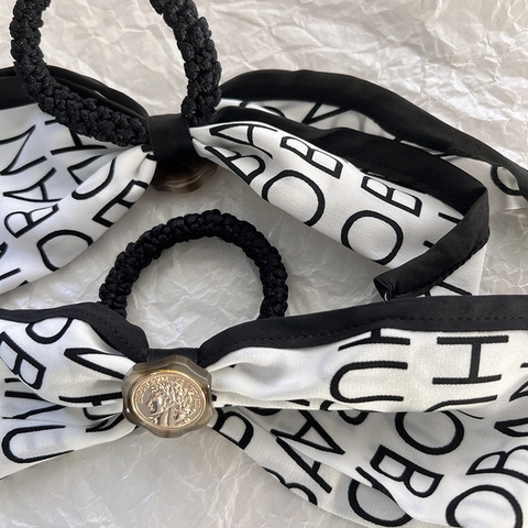 French Vintage Bow Scrunchie With Gold Metal Relief Emblem Elegant Alphabet Letter Print Hair Tie For Women Hair Accessories