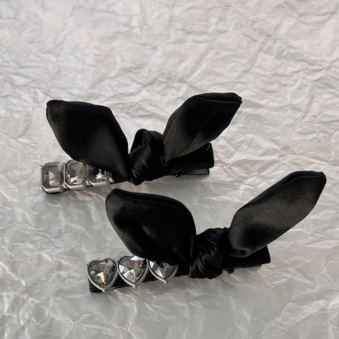 Französischer Retro Haarclip Aus Schwarzem Satin Mit Schleife Und Grauen Strasssteinen Eleganter Kristallseitenclip Für Damen Haarschmuck