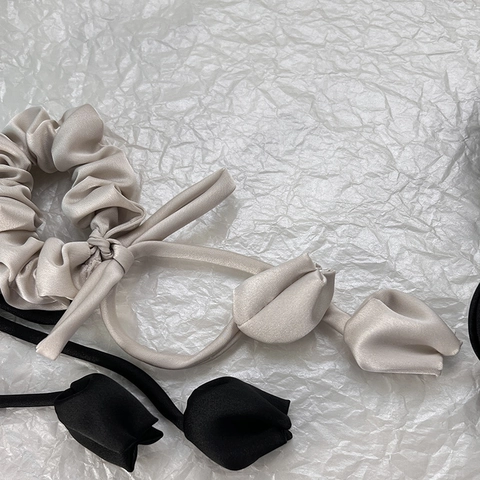 French Satin Tulip Bow Scrunchie Elegant Faux Satin Hair Tie With Long Ribbon Pendant For Women Daily Hair Accessories