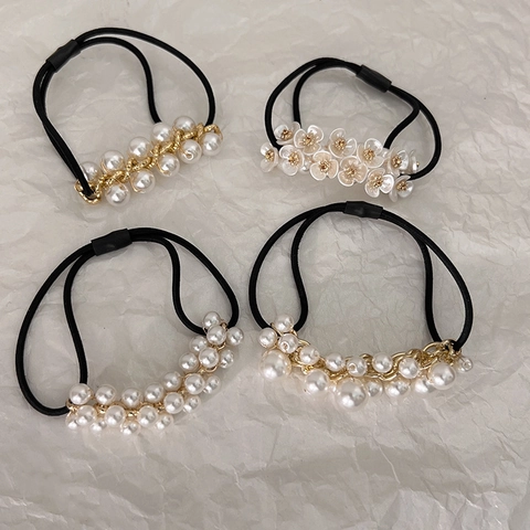 Elastici per Capelli in Stile Francese con Künstliche Perle Sintetiche per Donna Fascia in Gomma Nera ad Alta Elasticità Scrunchies con Fiori
