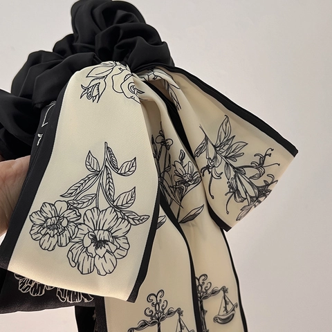 Elegante Elastico Per Capelli Con Nastro Per Donna Stile Francese Satin Raso Effetto Vintage Stampa Floreale Accessorio