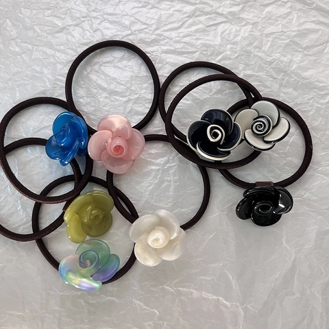Franse Stijl Camelia Bloem Haarelastiekjes Voor Vrouwen Elegante Hoge Elastische Scrunchies Hars Florale Haaraccessoires Decoratieve Hoofdband