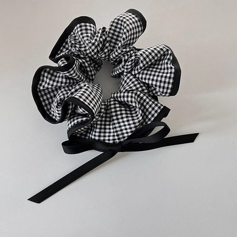Scrunchie Vintage in Percalle Francese Quadri Bianchi e Neri Elastici Per Capelli Con Fiocco in Tessuto Per Donna Accessori