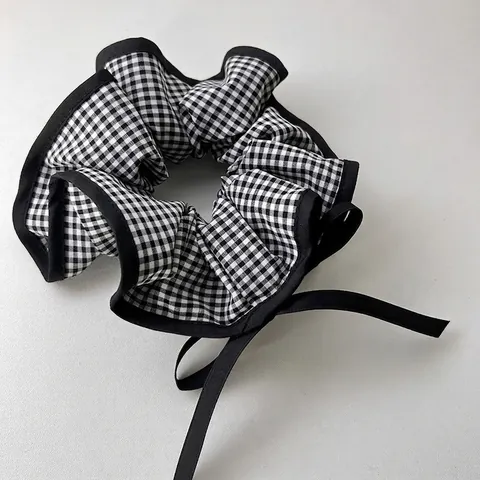 Scrunchie Vintage in Percalle Francese Quadri Bianchi e Neri Elastici Per Capelli Con Fiocco in Tessuto Per Donna Accessori