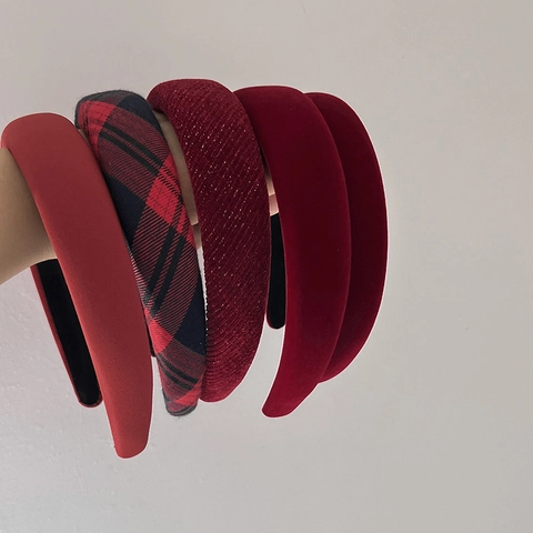 Cerchietto Imbottito in Velluto Rosso Vino Vintage Francese per Donna in Tessuto Lucido a Quadri Accessori per Capelli