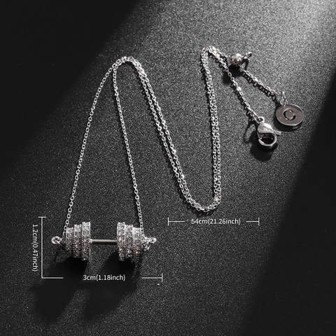 Hip Hop Copper Dumbbell Pendant Necklace For Men Women Silver Plated Pave Rhinestone Fitness Barbell Chain Fashion Jewelry