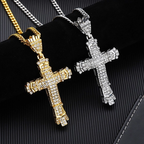 Hip Hop Iced Out Hollow Cross Pendant Necklace For Men Retro Rhinestone Inlaid Gold Silver Plated Plastic Resin Jewelry Gift