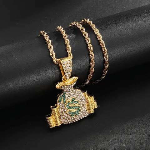 Collana con Ciondolo a Sacchetto di Soldi Hip Hop in Lega con Strass Segno del Dollaro Oro Placcato Gioielli Moda Street Unisex