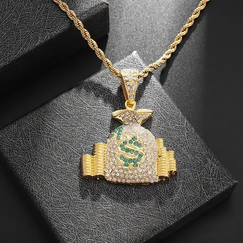 Collana con Ciondolo a Sacchetto di Soldi Hip Hop in Lega con Strass Segno del Dollaro Oro Placcato Gioielli Moda Street Unisex