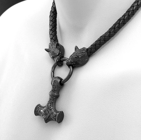 Collar con Colgante de Martillo de Thor Vikingo Nórdico para Hombre Cabezas de Lobo Dobles Cadena de Cuero Trenzado Joyería de Amuleto Pagano Vintage
