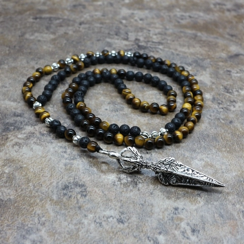 Collana Uomo Vintage In Occhio Di Tigre E Pietra Lavica Con Ciondolo In Lega D'Argento Vajra Phurba Gioielli Etnici Religiosi