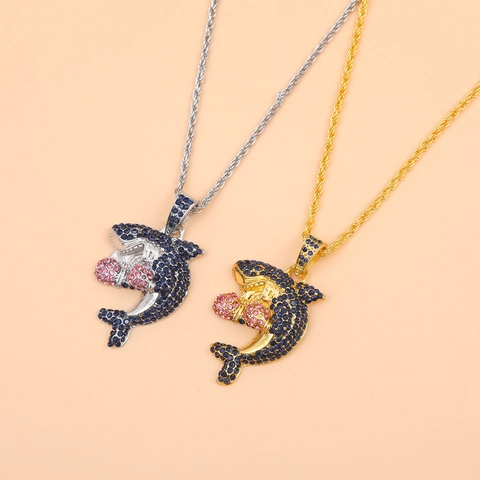 Collana Con Ciondolo Squalo Hip Hop Con Zirconia Lega Iced Out Gioielli Animali Uomo Donna Oro Argento Placcato Catena Corda