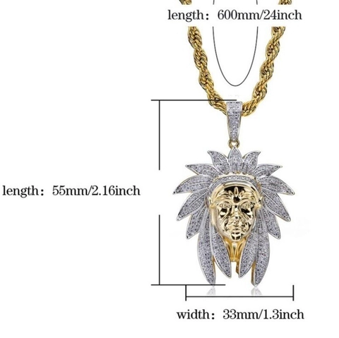 Hip Hop Iced Out Indian Chief Head Pendant Necklace For Men Women Gold Plated Alloy Zirconia Streetwear Jewelry