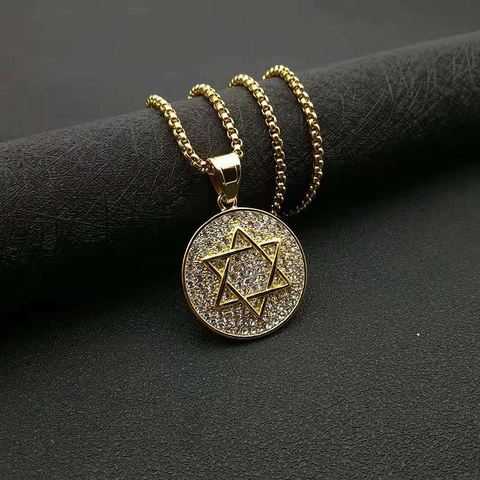 Collana con Ciondolo a Esagramma Stella di Davide in Acciaio Inossidabile Hip Hop per Uomo Gioielli con Strass Lucidi Intarsiati