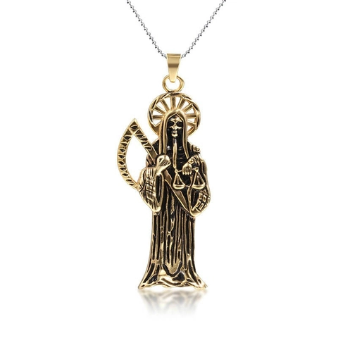 Hip Hop Vintage Santa Muerte Pendant Necklace For Men Women Stainless Steel Alloy Grim Reaper Skeleton Gothic Jewelry Gold Necklace