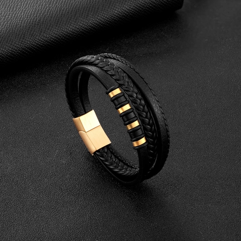Heren Meerlagig Gevlochten Kunstleer Armband Met Magneetsluiting Geometrische Legering Metalen Ringen Casual Sieraden