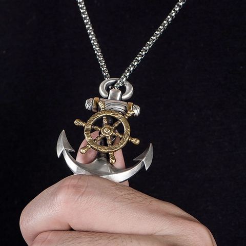 Retro Alloy Nautical Anchor Ship Wheel Pendant Necklace Antique Silver Gold Dual Tone Hip Hop Men Jewelry Daily Wear