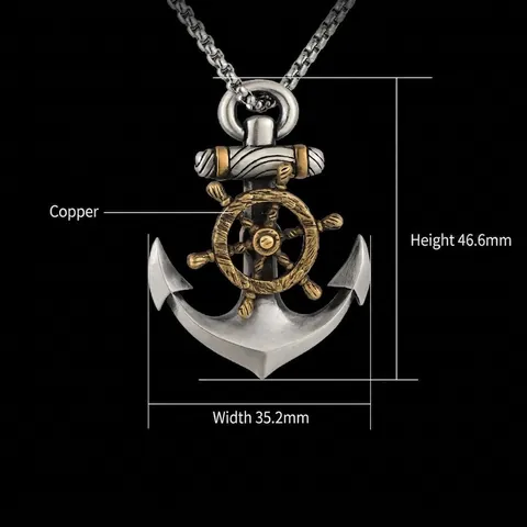 Collana con Pendente ad Ancora e Timone Nautico Vintage Retrò Bicolore in Lega di Zinco Gioielli Bussola Pirata Regalo per Uomo Donna